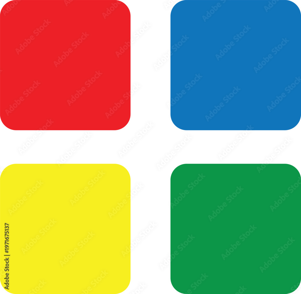 Fototapeta premium Minimalist colorful square icons set, flat geometric rounded blocks in red blue yellow and green, simple four quadrant vector graphic for UI design