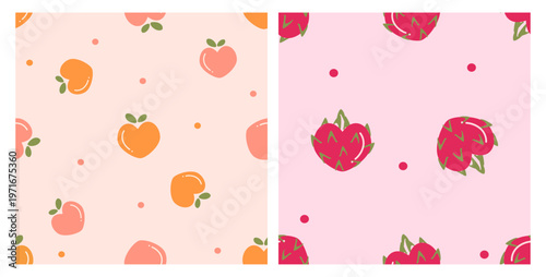 Orange peach heart shape and dragon fruit heart seamless pattern cute pastel fruit background design.