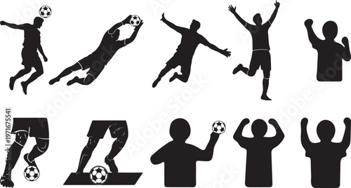 Set of soccer player silhouettes in various action poses