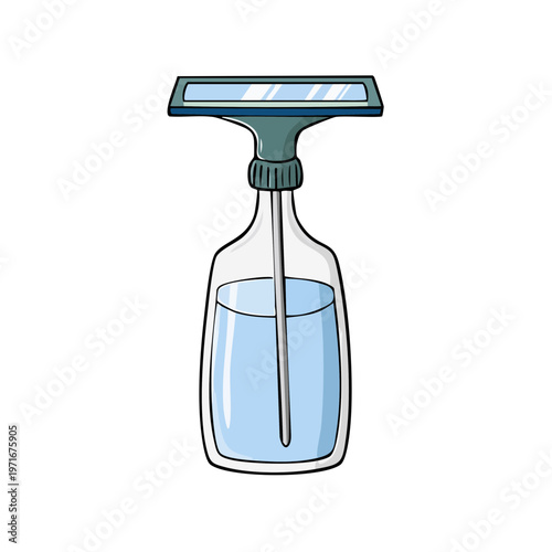 Window cleaner spray bottle with blue liquid and squeegee tool for household chores and cleaning supplies