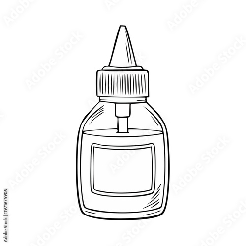 Hand drawn illustration of a clear liquid glue bottle with a pointed applicator tip and label area
