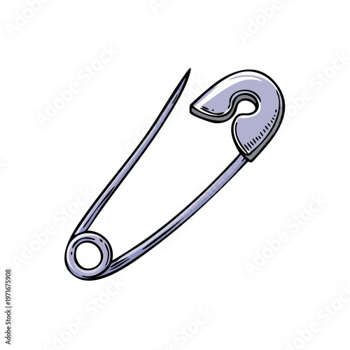 Silver safety pin with a curved hook and clasp for fastening fabric