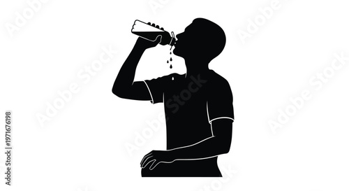 Vector graphic illustration of a person's silhouette actively drinking from a bottle with liquid drops.