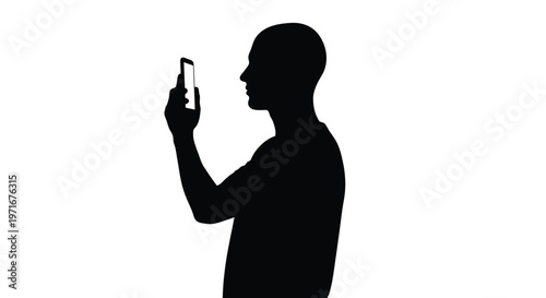 Man viewing content on his modern smartphone in this black and white vector graphic illustration design