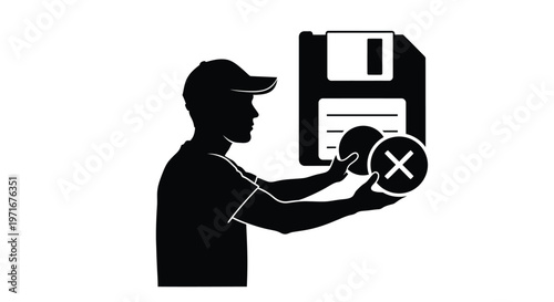 Black silhouette vector illustration of a person rejecting or deleting an old vintage floppy disk file