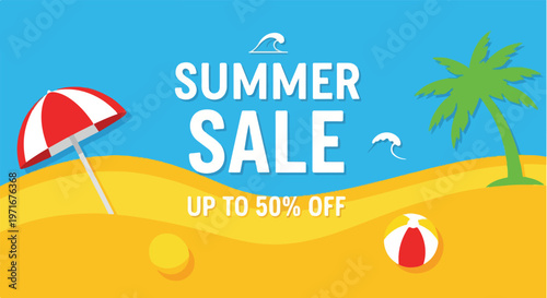 Summer beach holiday background with flip flops on sandy tropical shore under sunny sky with ocean and palm trees