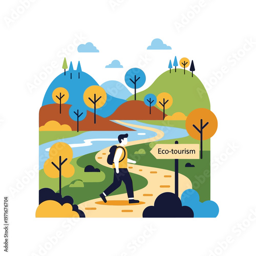 Man Hiking on Path with Backpack.