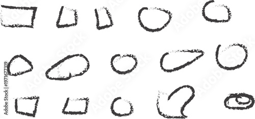 Hand drawn shapes and symbols in various forms and lines on white background