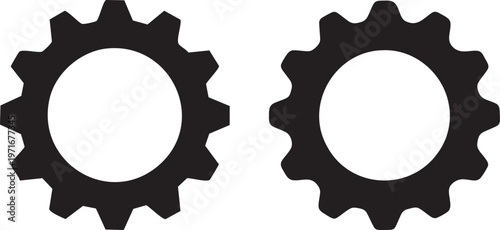 Pair of black gear icons, mechanical cogwheels silhouette, minimalist vector illustration