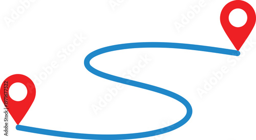 Two connected locations marked with map pins on a winding route path. Vector