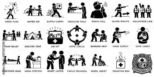人道支援と医療活動のピクトグラムセット（救援・ボランティア・赤十字の日）、Humanitarian Aid and Medical Support Pictogram Set (Relief, Volunteers, Red Cross Day) 