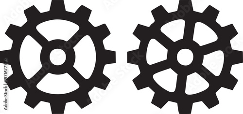 Black Silhouette Gear Icons Pair – Two Mechanical Cogwheels Vector Illustrations on White Background
