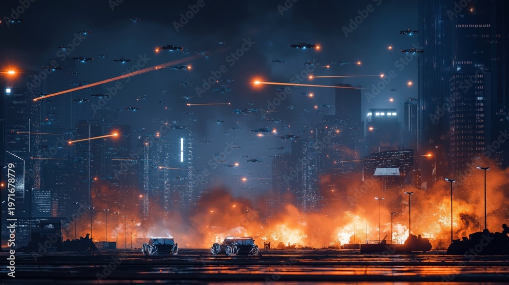 Obraz premium Massive cyberpunk city under drone assault at night with neon-lit destruction, lasers and futuristic warfare control systems.