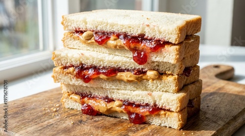 Delicious peanut butter and jelly sandwich stacked on wooden board. Bright natural light highlights fresh ingredients. Perfect for lunch or snack ideas. Tempting food photography.