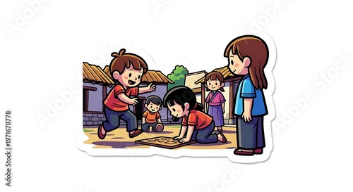 Children playing and interacting in a rural setting with traditional houses and greenery.