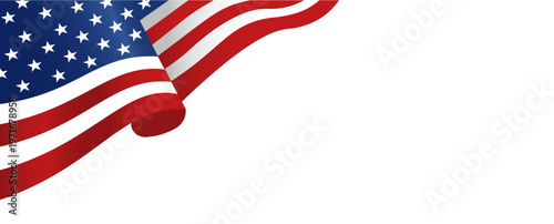 Waving American Flag in Corner on White Background – USA Patriotic Banner Template for Memorial Day, Independence Day, Veterans Day, Greeting Card, Poster, Social Media Post, Flyer, Website Banner