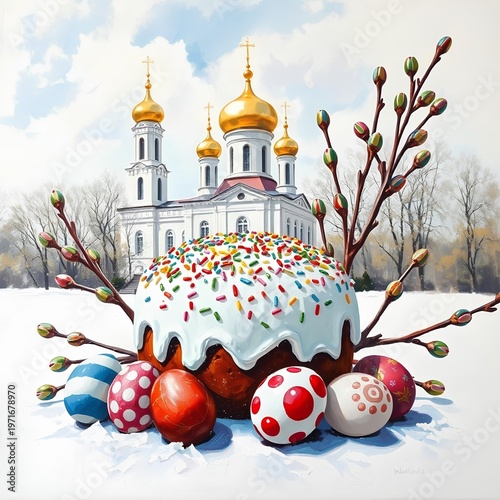 Easter. A kulich with white icing and multicolored sprinkles, several painted eggs, and pussy willow branches. In the background is an Orthodox church with golden domes. 