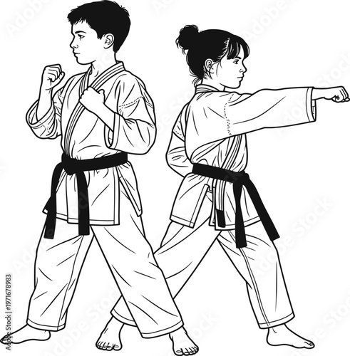 Two women in striped aprons and headscarves holding hands and dancing black and white stripes