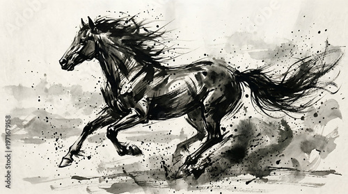 A dynamic black and white painting of a horse in motion