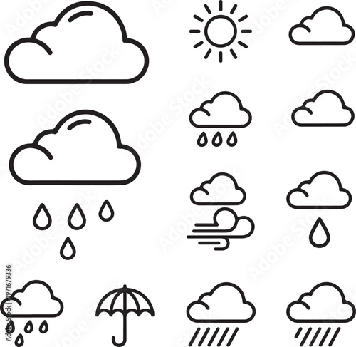 Weather and climate conditions line icon set featuring sun cloud rain storm .