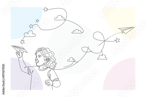 Continuous Line Drawing of a Child Launching Paper Airplanes Towards Clouds and Stars, Expressing Dreams and Imagination
