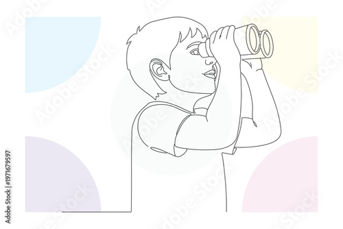 Continuous line drawing of a child looking through binoculars, a minimalist illustration evoking curiosity and exploration for kids' projects.