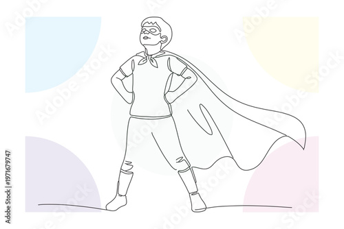 Continuous Line Drawing of a Young Boy Dressed as a Superhero, Hand-Drawn Illustration with a Focus on Childhood Imagination and Courage