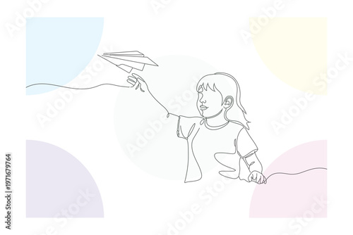 Continuous Line Drawing of a Young Child Launching a Paper Airplane, Expressing Joyful Childhood Dreams and Innocent Imagination