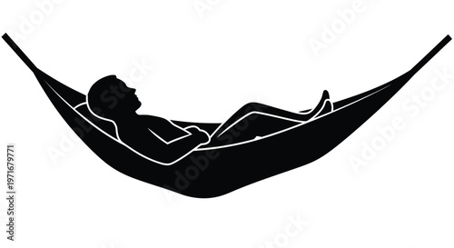 Silhouette illustration of a man resting peacefully while lying inside a comfortable fabric outdoor hammock