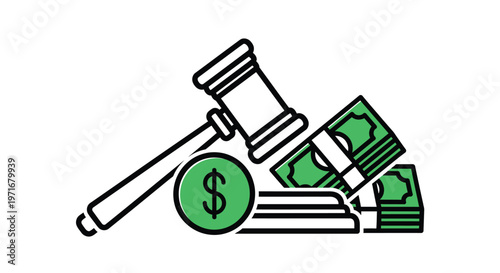 Financial legal decision making vector illustration with gavel, dollar bills, and currency coin.