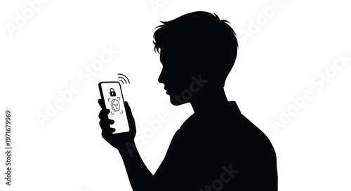 Silhouette illustration of a person using facial recognition technology on a smartphone for secure access