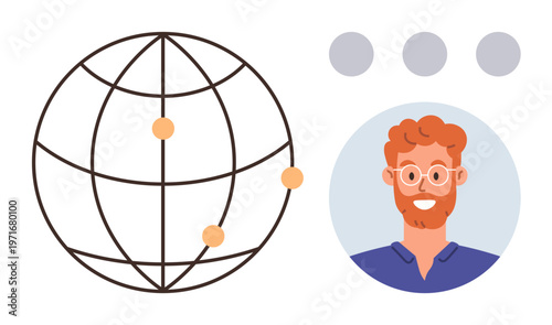 Social networks, user profiles, online communication, global connectivity, internet technology, digital identity. A globe with connection points and a portrait of a smiling person. Social networks