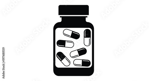 Black and white vector illustration of a medicine bottle filled with several oval medical capsules