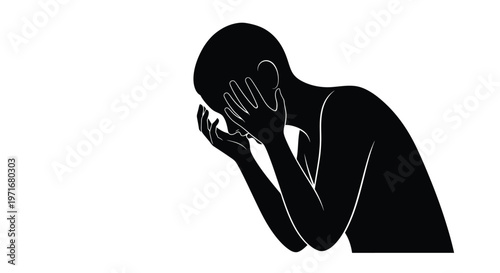 Minimalist black vector illustration showing a person feeling overwhelmed with stress and intense deep sorrow