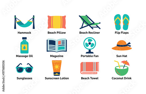 Collection of beach vacation essentials and relaxation items for a perfect getaway