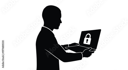 Vector graphic illustration of a person holding a laptop with a prominent digital security padlock symbol.