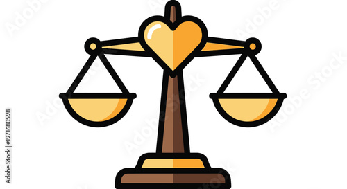 A vector graphic illustration of a golden balance scale with a heart symbolizing love and justice