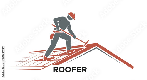 Roofer Working on Roof with Tool.