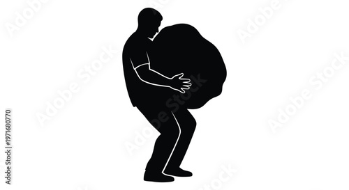 Silhouette vector illustration of a strong man struggling while lifting a very heavy large rock