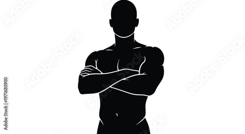 Strong muscular male silhouette with folded arms presented as a clean black and white vector illustration