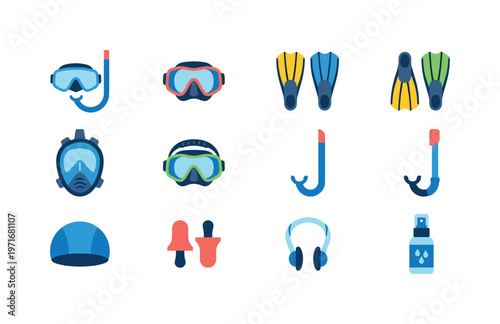 Collection of flat icons representing various diving and swimming equipment for water sports