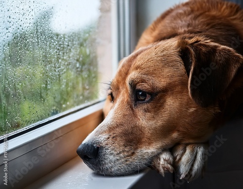 dog lie sadly near window sill in rainy day