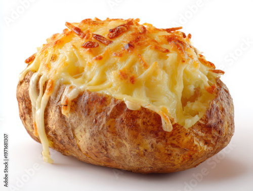 A jacket potato with melted cheese before white background