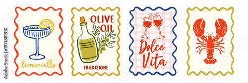 Italian food postcards Dolce vita set with limoncello olive oil wine and lobster. Vintage travel illustration Mediterranean cuisine and drink vector design