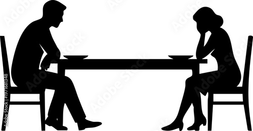 Frustrated Couple Sitting at Table in Silence Silhouette, Relationship Conflict and Emotional Breakdown Concept