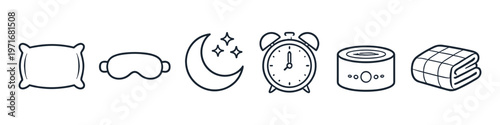 Collection of sleep and bedtime icons including pillow, mask, moon, alarm clock, and blanket