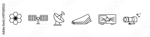 Collection of science and technology icons including telescope, satellite, and solar panels