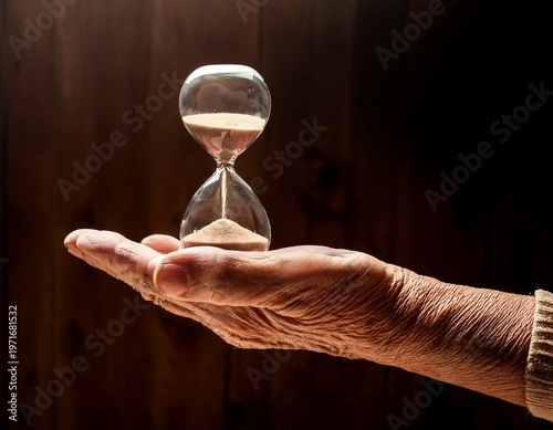 wrinkled hand hold hourglass with sand flowing time and aging