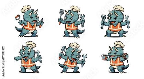 Cartoon triceratops characters in various poses with tools isolated
