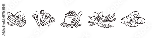 Collection of hand-drawn spices including nutmeg, cloves, peppercorns, vanilla, and turmeric